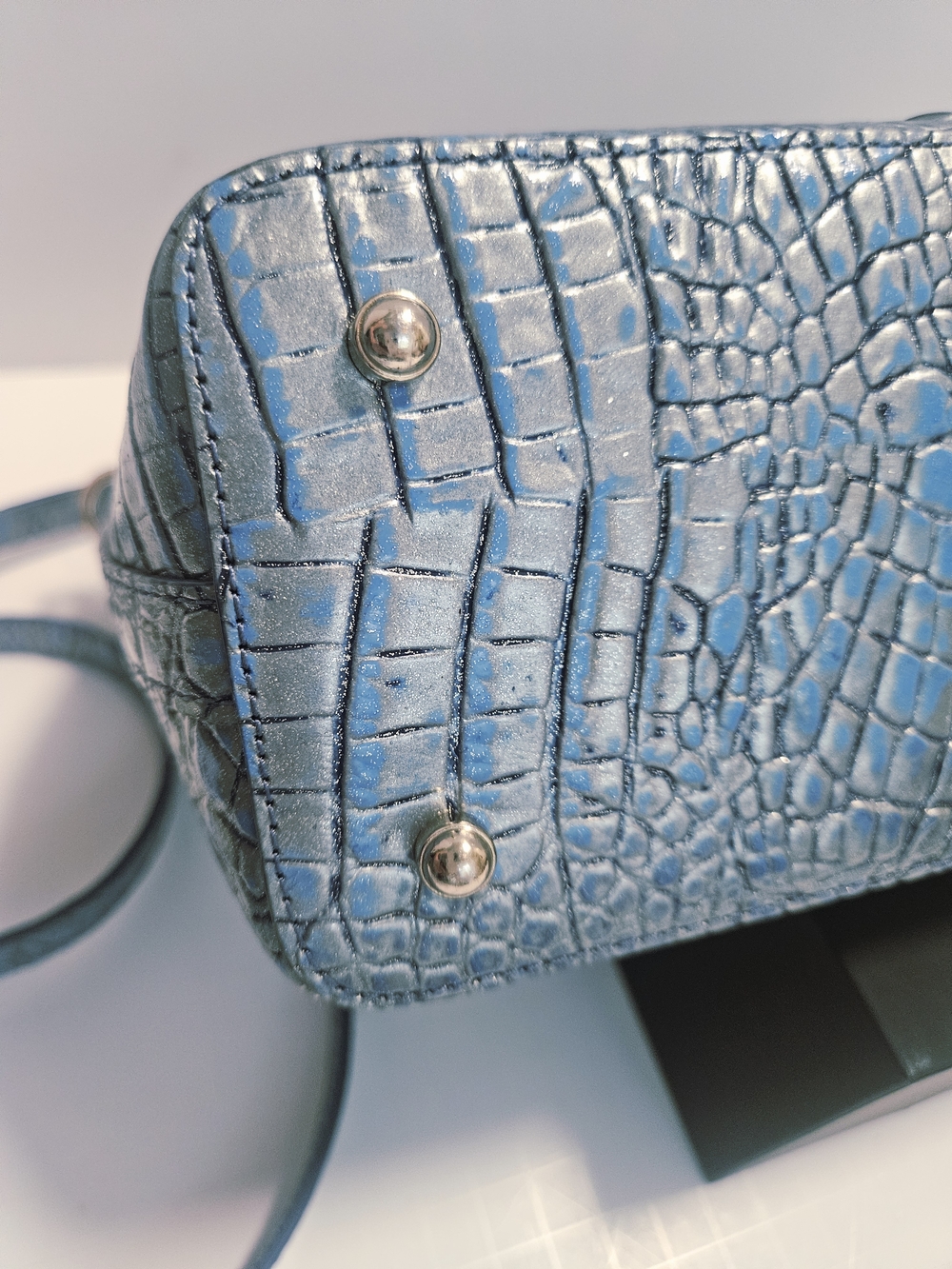 NWOT Brahmin Duxbury Satchel Blue Metallic Croc Embossed Leather Handbag + Strap - Picture 9 of 16